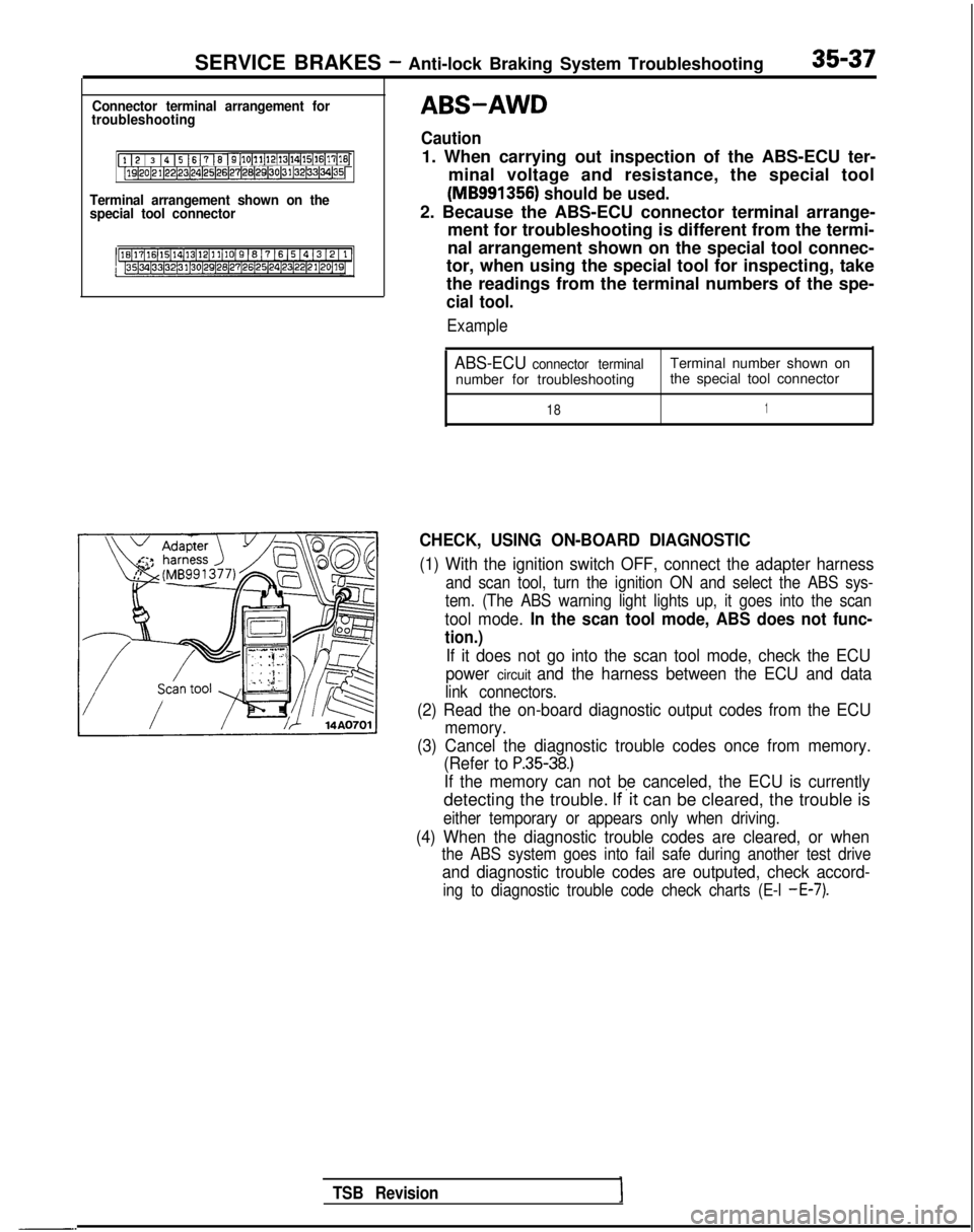 MITSUBISHI GALANT 1989 Service Repair Manual SERVICE BRAKES - Anti-lock Braking System Troubleshooting35-37
Connector terminal arrangement for
troubleshooting
[l I2 / 3 14 15 1617 16 I9[10~11~12(13~14~15(16~17[16j[lQ~20~21~22~23~24)25~26~27~28( MITSUBISHI GALANT 1989 Service Repair Manual SERVICE BRAKES - Anti-lock Braking System Troubleshooting35-37
Connector terminal arrangement for
troubleshooting
[l I2 / 3 14 15 1617 16 I9[10~11~12(13~14~15(16~17[16j[lQ~20~21~22~23~24)25~26~27~28(