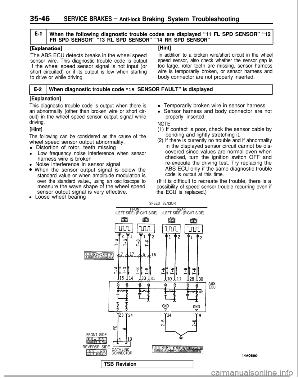 MITSUBISHI GALANT 1989  Service Repair Manual 35-46SERVICE BRAKES - Anti-lock Braking System TroubleshootingE-l
When the following diagnostic trouble codes are displayed “11 FL SPD \
SENSOR” “12
FR SPD SENSOR” “13 RL SPD SENSOR” “14