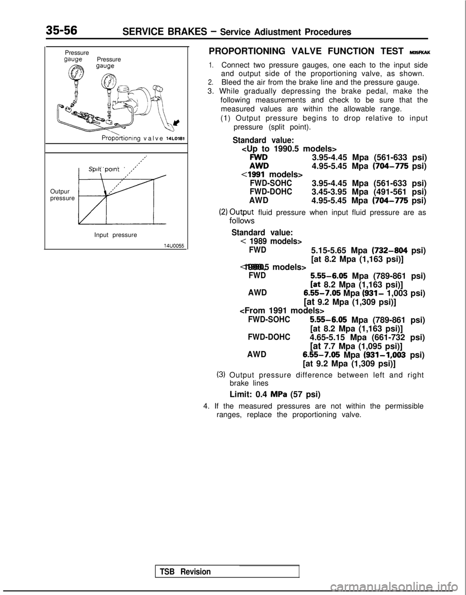 MITSUBISHI GALANT 1989 Service Repair Manual 35-56SERVICE BRAKES - Service Adiustment Procedures
Pressurew-wPressure
Proportioning valve momi
,.,’
Split point ,,s*”
I’
I’
,’Outpur,’
I’
pressure
izl
Input pressure
14uoo55
PROPORTIO MITSUBISHI GALANT 1989 Service Repair Manual 35-56SERVICE BRAKES - Service Adiustment Procedures
Pressurew-wPressure
Proportioning valve momi
,.,’
Split point ,,s*”
I’
I’
,’Outpur,’
I’
pressure
izl
Input pressure
14uoo55
PROPORTIO