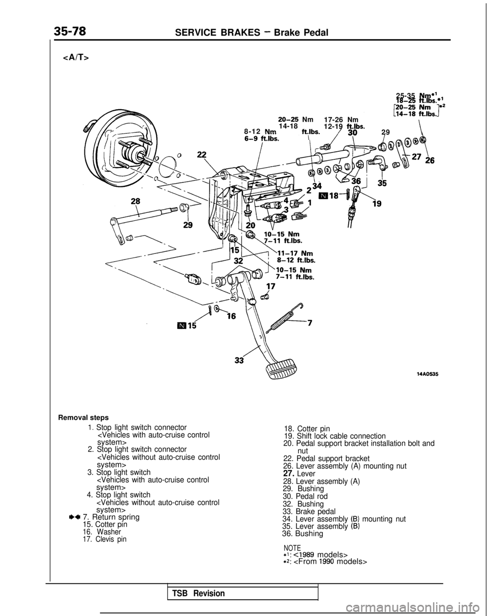 MITSUBISHI GALANT 1989 Service Repair Manual 35-78SERVICE BRAKES - Brake Pedal
<A/T>
25-35
Nm*’
20-25Nm17-26Nm14-18
8-12Nmftjlbs.12-19ft.lbs.29\
Removal steps
1. Stop light switch connector
<Vehicles with auto-cruise control
system>2. Stop lig MITSUBISHI GALANT 1989 Service Repair Manual 35-78SERVICE BRAKES - Brake Pedal
<A/T>
25-35
Nm*’
20-25Nm17-26Nm14-18
8-12Nmftjlbs.12-19ft.lbs.29\
Removal steps
1. Stop light switch connector
<Vehicles with auto-cruise control
system>2. Stop lig