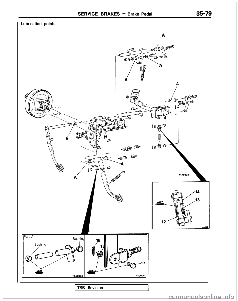 MITSUBISHI GALANT 1989 Service Repair Manual SERVICE BRAKES - Brake Pedal35-79
Lubrication points
Part A
14AO256 114UOO5l
TSB Revision MITSUBISHI GALANT 1989 Service Repair Manual SERVICE BRAKES - Brake Pedal35-79
Lubrication points
Part A
14AO256 114UOO5l
TSB Revision