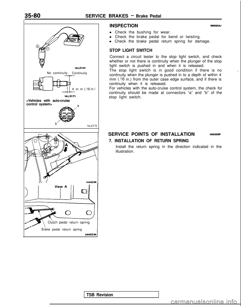 MITSUBISHI GALANT 1989 Service Repair Manual 35-80SERVICE BRAKES - Brake Pedal
INSPECTION
M35GcAJ
l Check the bushing for wear.
l Check the brake pedal for bend or twisting.
l Check the brake pedal return spring for damage.
STOP LIGHT SWITCH
14L MITSUBISHI GALANT 1989 Service Repair Manual 35-80SERVICE BRAKES - Brake Pedal
INSPECTION
M35GcAJ
l Check the bushing for wear.
l Check the brake pedal for bend or twisting.
l Check the brake pedal return spring for damage.
STOP LIGHT SWITCH
14L