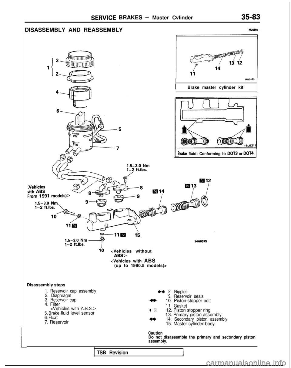 MITSUBISHI GALANT 1989 Service Repair Manual SERVICE BRAKES - Master Cvlinder35-83
DISASSEMBLY AND REASSEMBLY
L1.5-3.0
Nm
1-2 ft.lbs./
-11m
-?
1‘5. 1.5-3.0
Nm
l-2 ft.lbs.
10<Vehicles withoutABS>
<Vehicles with ABS
(up to 1990.5 models)>
IBra MITSUBISHI GALANT 1989 Service Repair Manual SERVICE BRAKES - Master Cvlinder35-83
DISASSEMBLY AND REASSEMBLY
L1.5-3.0
Nm
1-2 ft.lbs./
-11m
-?
1‘5. 1.5-3.0
Nm
l-2 ft.lbs.
10<Vehicles withoutABS>
<Vehicles with ABS
(up to 1990.5 models)>
IBra