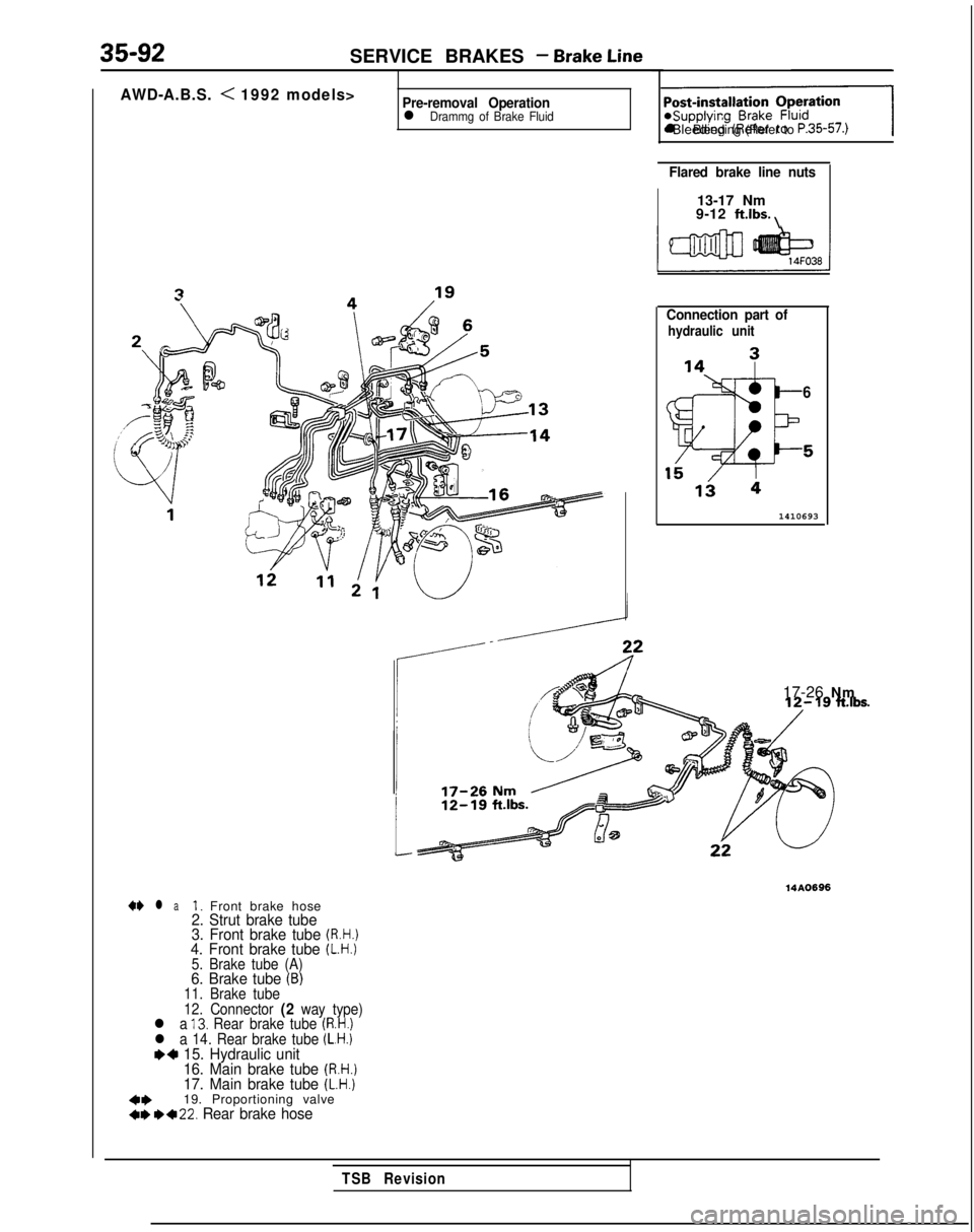 MITSUBISHI GALANT 1989 Service Repair Manual 35-92SERVICE BRAKES - Brake Line
AWD-A.B.S. < 1992 models>Pre-removal Operationl Drammg of Brake Fluid-1
l Bleeding (Refer to P.35-57.)
Flared brake line nuts
13-17 Nm
9-12 ft.lbs. \
Connection part o MITSUBISHI GALANT 1989 Service Repair Manual 35-92SERVICE BRAKES - Brake Line
AWD-A.B.S. < 1992 models>Pre-removal Operationl Drammg of Brake Fluid-1
l Bleeding (Refer to P.35-57.)
Flared brake line nuts
13-17 Nm
9-12 ft.lbs. \
Connection part o