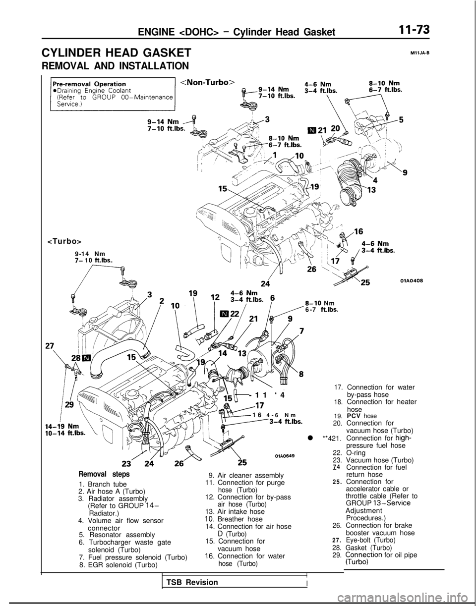 MITSUBISHI GALANT 1989 Service Repair Manual ENGINE <DOHC> - Cylinder Head Gasket11-73
CYLINDER HEAD GASKET
MllJA-9
REMOVAL AND INSTALLATION
<Turbo> 9-14 Nm
7- 10 ft.lbs.
OlA0408
8-10 Nm
6-7 ft.lbs.
-11 ‘
4
A17
-16
4-6 N
m
---3-4
ftlbs.
Ol MITSUBISHI GALANT 1989 Service Repair Manual ENGINE <DOHC> - Cylinder Head Gasket11-73
CYLINDER HEAD GASKET
MllJA-9
REMOVAL AND INSTALLATION
<Turbo> 9-14 Nm
7- 10 ft.lbs.
OlA0408
8-10 Nm
6-7 ft.lbs.
-11 ‘
4
A17
-16
4-6 N
m
---3-4
ftlbs.
Ol