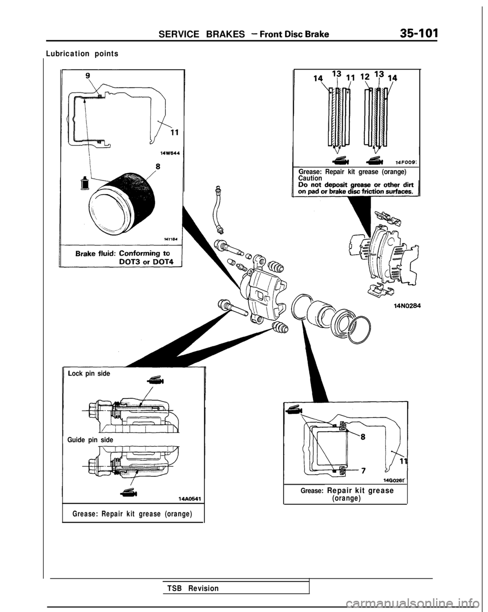 MITSUBISHI GALANT 1989  Service Repair Manual Lubrication points
SERVICE BRAKES - Front Disc Brake35401
Lock pin side
Guide pin side
14AO541
Grease: Repair kit grease (orange)
r
14FOO9;
Grease: Repair kit grease (orange)
Caution
-
14N0284
1400265