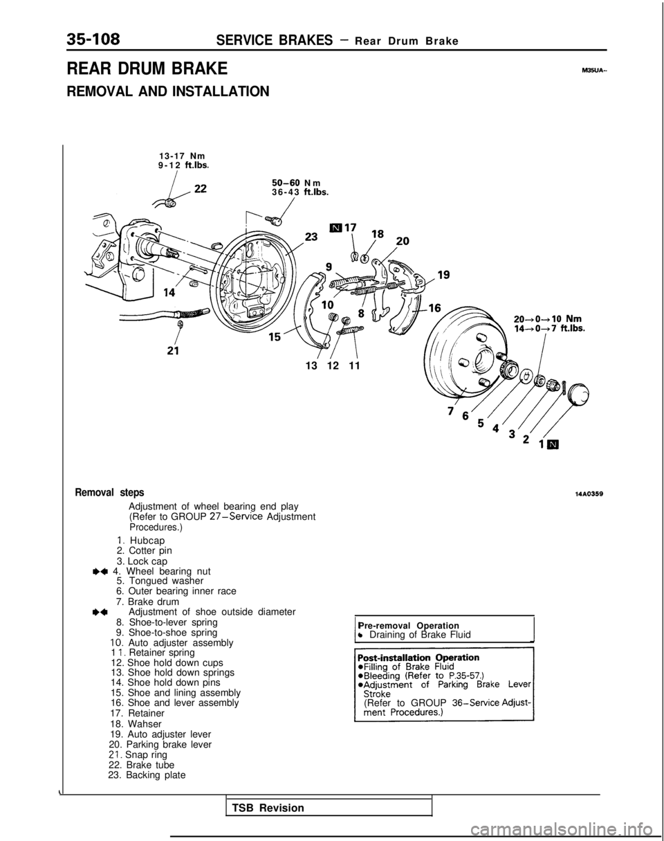 MITSUBISHI GALANT 1989  Service Repair Manual 35-108SERVICE BRAKES- Rear Drum Brake
REAR DRUM BRAKE
REMOVAL AND INSTALLATION
13-17 Nm
9-12 ftlbs.
50-60 N
 m
36-43 
ftlbs.
/
13 12 11 14A.0359
Removal steps
Adjustment of wheel bearing end play
(Ref