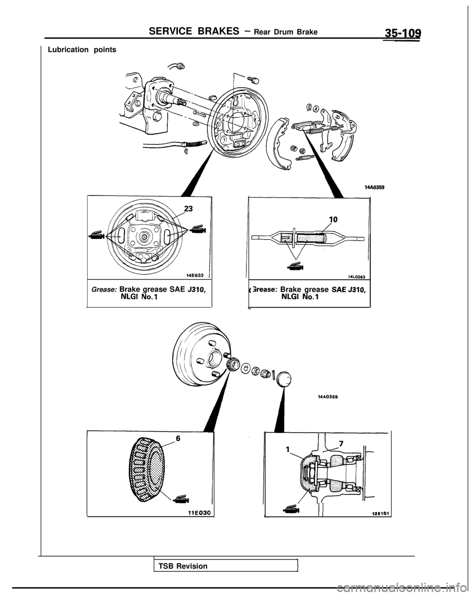 MITSUBISHI GALANT 1989  Service Repair Manual SERVICE BRAKES - Rear Drum Brake
Lubrication points
Grease: Brake grease SAE 
5310,NLGI No.1
r
llE030
14LO263
3rease: Brake grease SAE J310,NLGI No.1 14AO359
df& IIlZEl01
TSB Revision 