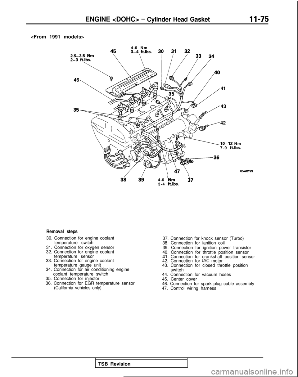 MITSUBISHI GALANT 1989 Service Repair Manual ENGINE <DOHC> - Cylinder Head GasketII-75
<From 1991 models>4-6 Nm
Z&-y,bfm
‘\ .
,,\:.,.s.
46
4-6
‘Nm $7
3-4 ftlbs.
41
43
42
IO-12 Nm
7-9 ft.lbs.
05A0199
Removal steps
30. Connection for engine MITSUBISHI GALANT 1989 Service Repair Manual ENGINE <DOHC> - Cylinder Head GasketII-75
<From 1991 models>4-6 Nm
Z&-y,bfm
‘\ .
,,\:.,.s.
46
4-6
‘Nm $7
3-4 ftlbs.
41
43
42
IO-12 Nm
7-9 ft.lbs.
05A0199
Removal steps
30. Connection for engine