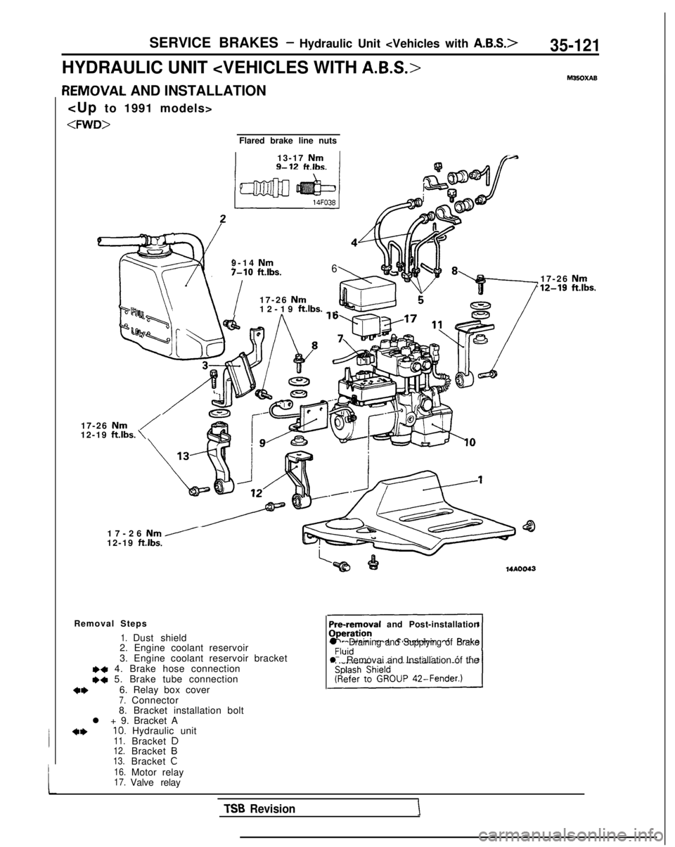 MITSUBISHI GALANT 1989  Service Repair Manual SERVICE BRAKES - Hydraulic Unit <Vehicles with A&S.>35-121
HYDRAULIC UNIT <VEHICLES WITH A.B.S.>hl35OXAB
L
IEMOVAL AND INSTALLATION
<Up  to 1991 models>
<FWD>
Flared brake line nuts
I13-17 NmA9- 12ftl