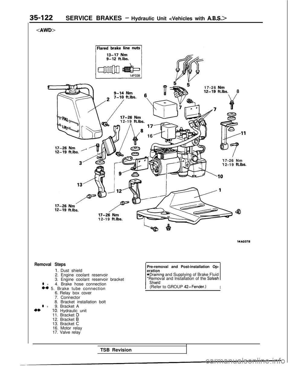 MITSUBISHI GALANT 1989  Service Repair Manual 35-122SERVICE BRAKES - Hydraulic Unit <Vehicles with A.B.S.>
<AWD>
9-14 Nm
17-26 Nm12-19 ft.lbs.
8
17-26 Nm12-19  ft.lbs.
16
17-26  Nm
,
17-26 Nm
12-19  ft.lbs.
17-26 
Nm12-19 
ft.lbs.
12-19 
ft.lbs.
