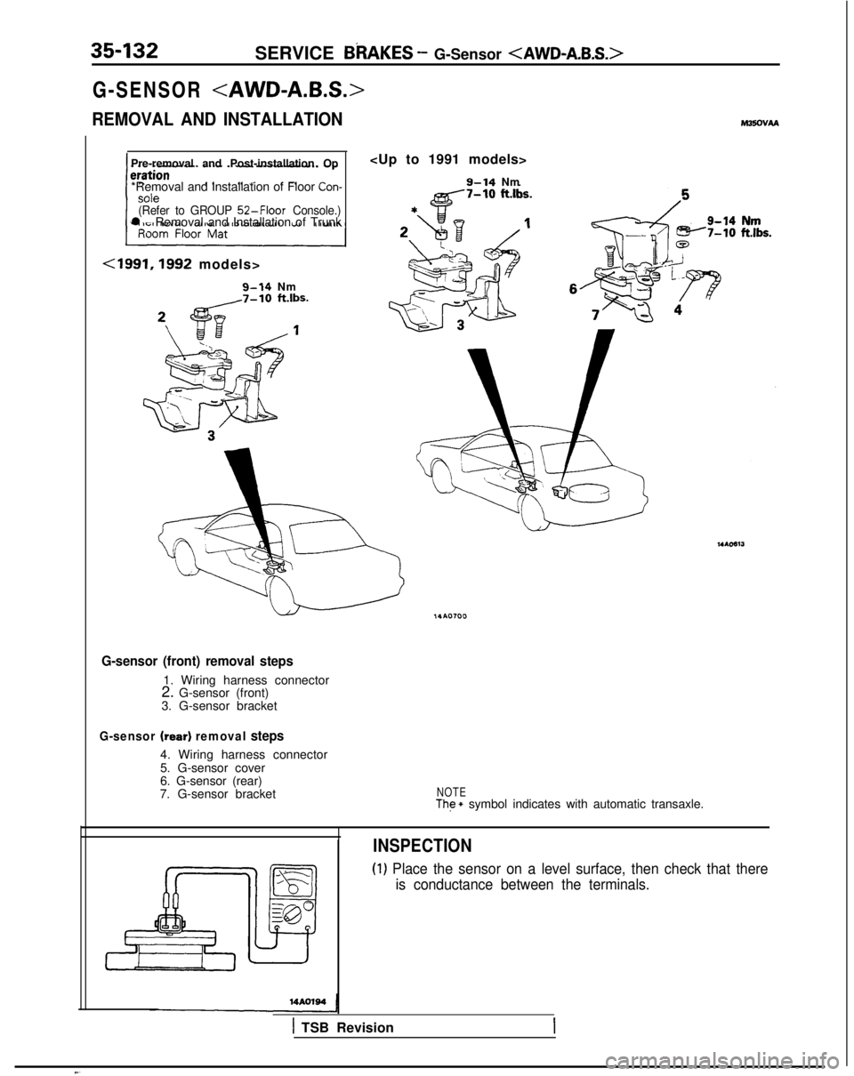 MITSUBISHI GALANT 1989  Service Repair Manual SERVICE BRAKES - G-Sensor <AWD-A&S.>
G-SENSOR <AWD-A.B.S.>
REMOVAL AND INSTALLATION
Pre-removal and Post-installation Op
*Removal and Installation of Floor 
Con-
(Refer to GROUP 
52-Floor Console.)l R