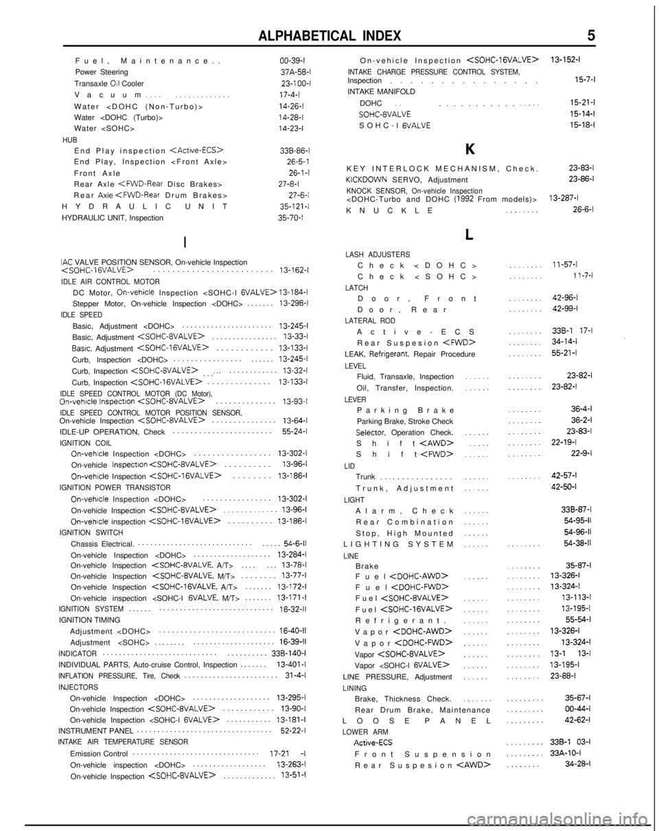 MITSUBISHI GALANT 1989  Service Repair Manual ALPHABETICAL INDEX5
Fuel, Maintenance.
.
Power Steering
Transaxle 
011 Cooler
Vacuum 
..,...,..,.......
Water <DOHC (Non-Turbo)
 >
Water <DOHC (Turbo)>
Water <SOHC>
HUB
End Play inspection <Active-ECS