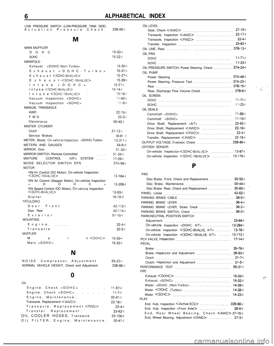 MITSUBISHI GALANT 1989  Service Repair Manual 6ALPHABETICAL INDEX
LOW PRESSURE SWITCH (LOW-PRESSURE TANK SIDE)
Actuation Pressure Check
 .
M
MAIN MUFFLER
DOH
 C
SOHC
MANIFOLD
Exhaust <DOHC-Non-Turbo>
Exhaust <DOHC-Turbo
 >
Exhaust 
<SOHC-8VALVE>
