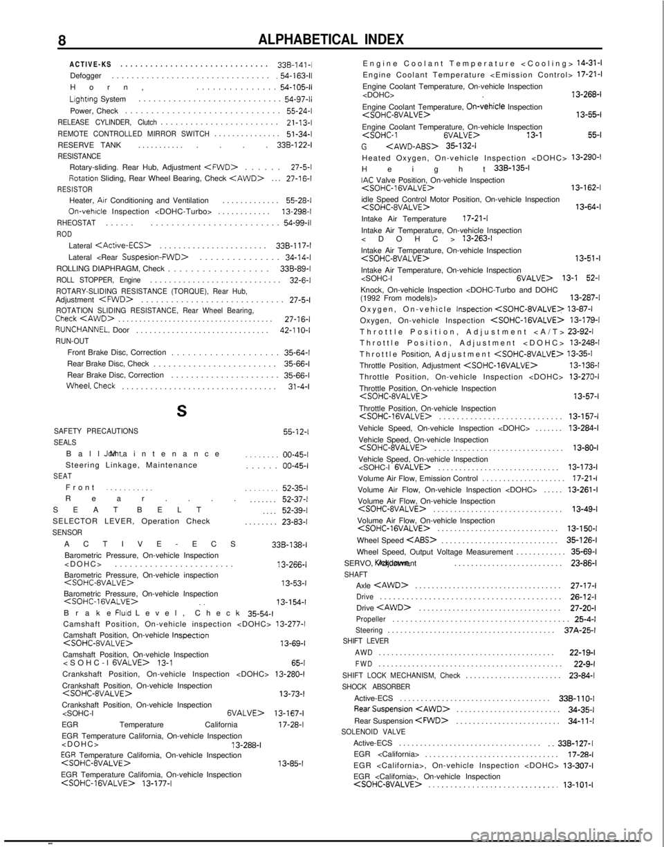 MITSUBISHI GALANT 1989  Service Repair Manual 8ALPHABETICAL INDEX
ACTIVE-KS
.............................
 .
338-l 
41-1
Defogger ................................
.54-163-11
Horn
 ,
...............
54-105-11
Lightrng System.......................