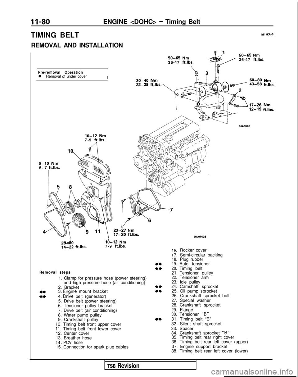 MITSUBISHI GALANT 1989 Service Repair Manual II-80ENGINE <DOHC> - Timing Belt
TIMING BELT
REMOVAL AND INSTALLATION 50-65
Nm
36-47 ftlbs.
A7Pre-removal Operationl Removal of under coverI MIlKA-B
50-65
Nm
36-47
ft.lbs.
ii!&.
lo-12 Nm7-9 ft.lbs MITSUBISHI GALANT 1989 Service Repair Manual II-80ENGINE <DOHC> - Timing Belt
TIMING BELT
REMOVAL AND INSTALLATION 50-65
Nm
36-47 ftlbs.
A7Pre-removal Operationl Removal of under coverI MIlKA-B
50-65
Nm
36-47
ft.lbs.
ii!&.
lo-12 Nm7-9 ft.lbs