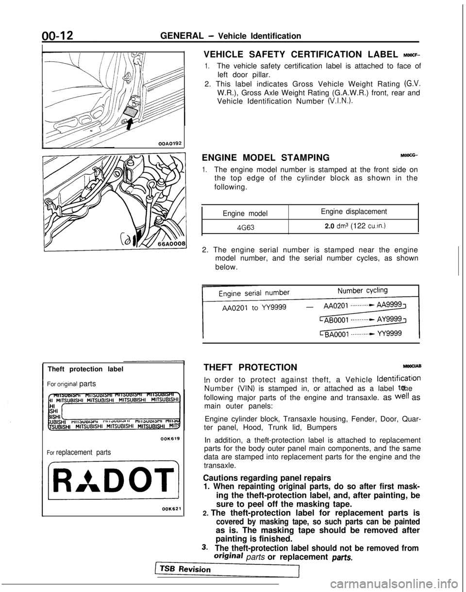 MITSUBISHI GALANT 1989  Service Repair Manual GENERAL - Vehicle Identification
OOA0192
Theft protection label
For 
orIgInal parts
OOK619
For replacement parts
OOK621
VEHICLE SAFETY CERTIFICATION LABEL MWCF-
1.The vehicle safety certification labe