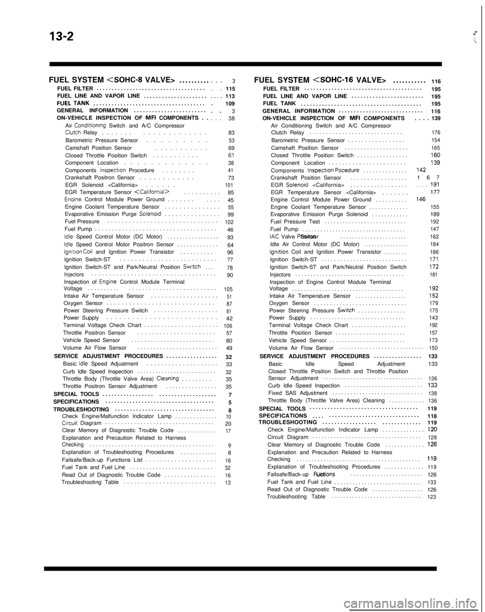 MITSUBISHI GALANT 1989  Service Repair Manual 13-2
FUEL SYSTEM  <SOHC-8
 VALVE>
..........
FUEL FILTER ....................................
FUEL LINE AND VAPOR LINE .....................FUELTANK....................................
 .
GENERAL INFO