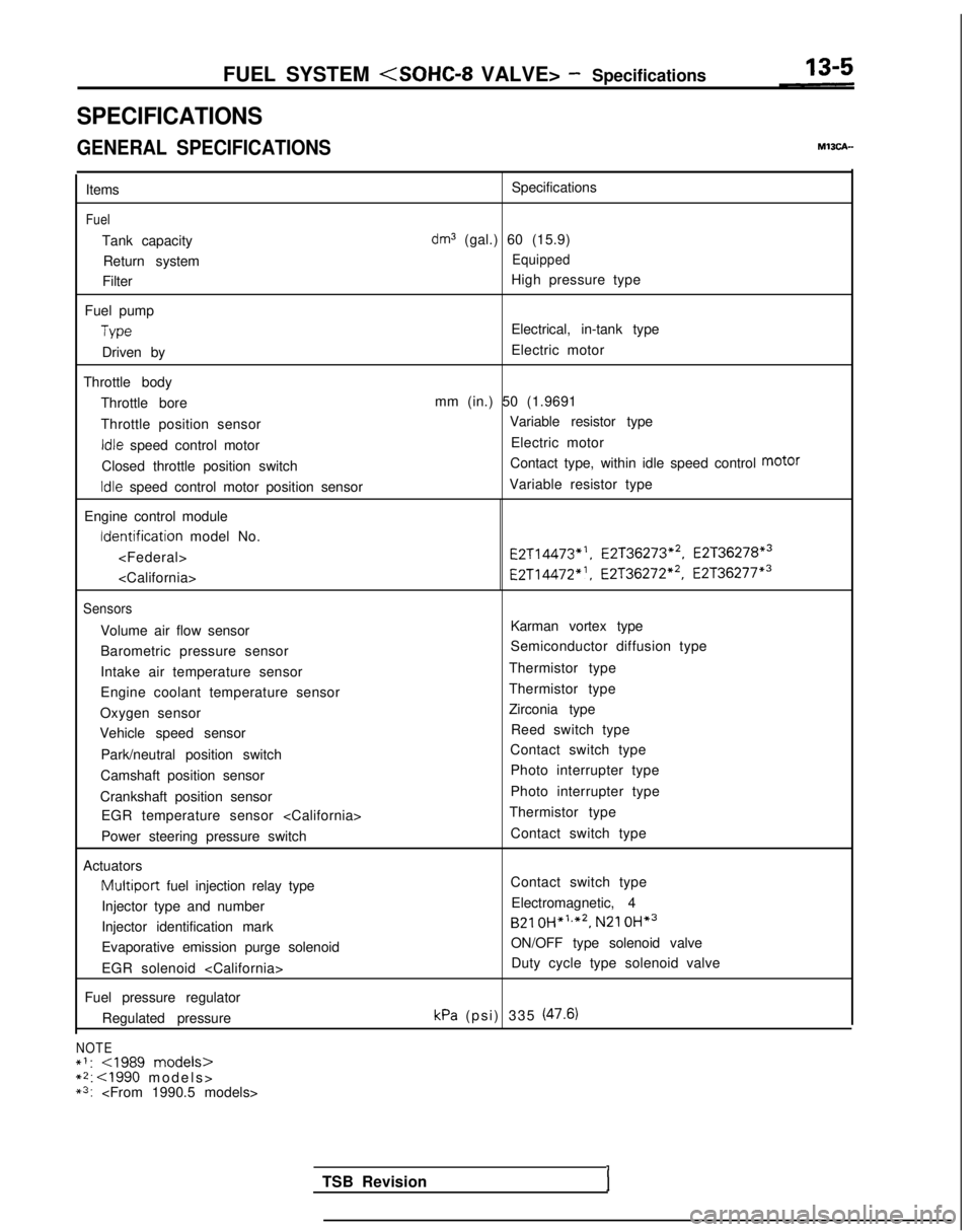 MITSUBISHI GALANT 1989  Service Repair Manual FUEL SYSTEM <SOHC-8 VALVE> - Specifications
SPECIFICATIONS
GENERAL SPECIFICATIONS
Items
Fuel
Tank capacity
Return system
Filter
Fuel pump
Type
Driven by
Throttle body Throttle bore
Throttle position s