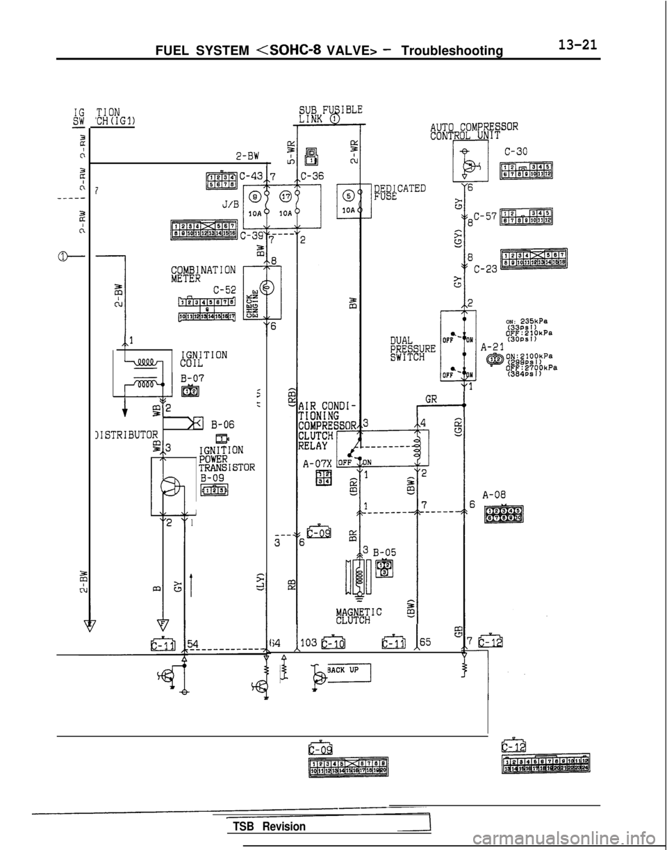 MITSUBISHI GALANT 1989  Service Repair Manual FUEL SYSTEM <SOHC-8 VALVE> - Troubleshooting13-21
3-
2
c:
2
(:-----
2
A
o-
TIONCH(IG1)
2-BW
,,l
IGNITIONy COIL
B-07
Fj@g j
4
z/r
g2:
%I
 
B-06IISTRIBUTOR g,3LDIGNITIONI\POWERTRANSISTORB-09
m
-I1
AUTO