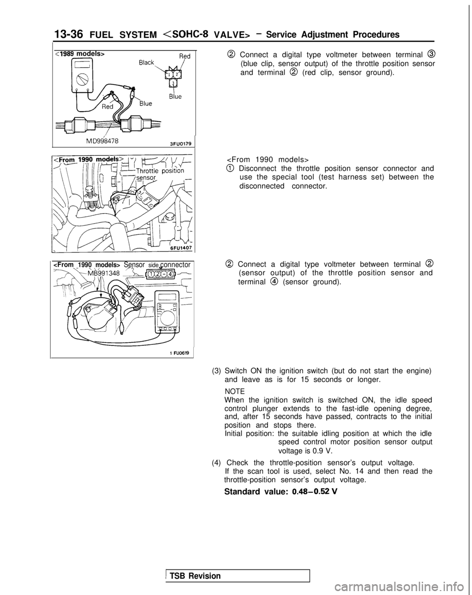 MITSUBISHI GALANT 1989 Service Repair Manual 13-36 FUEL SYSTEM <SOHC-8 VALVE>- Service Adjustment Procedures
:I989 models>
M
D9684783FUO179
<From1990
models> Sensor side connector
@ Connect a digital type voltmeter between terminal @
(blue c MITSUBISHI GALANT 1989 Service Repair Manual 13-36 FUEL SYSTEM <SOHC-8 VALVE>- Service Adjustment Procedures
:I989 models>
M
D9684783FUO179
<From1990
models> Sensor side connector
@ Connect a digital type voltmeter between terminal @
(blue c
