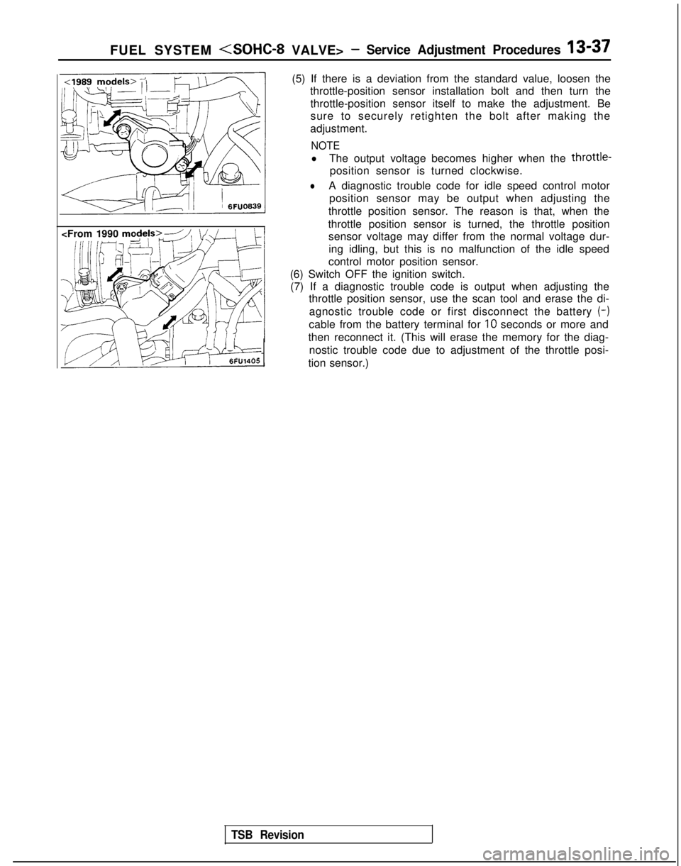 MITSUBISHI GALANT 1989 Service Repair Manual FUEL SYSTEM (SOHC-8 VALVE> -Service Adjustment Procedures 13-37
<From 1990 m$ek>--
MO-L
6FU1405
(5) If there is a deviation from the standard value, loosen the
throttle-position sensor installation bo MITSUBISHI GALANT 1989 Service Repair Manual FUEL SYSTEM (SOHC-8 VALVE> -Service Adjustment Procedures 13-37
<From 1990 m$ek>--
MO-L
6FU1405
(5) If there is a deviation from the standard value, loosen the
throttle-position sensor installation bo