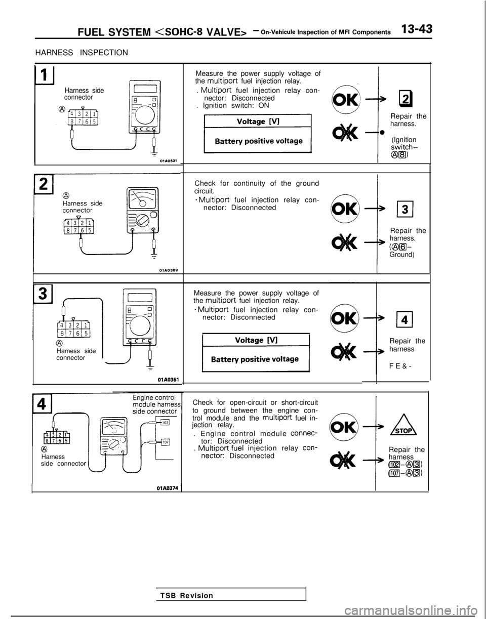 MITSUBISHI GALANT 1989 Service Repair Manual FUEL SYSTEM <SOHC-8 VALVE>- On-Vehicule Inspection of MFI Components13-43
HARNESS INSPECTION
Harness sideconnector
Measure the power supply voltage of
the multiport fuel injection relay.
.
Multiport MITSUBISHI GALANT 1989 Service Repair Manual FUEL SYSTEM <SOHC-8 VALVE>- On-Vehicule Inspection of MFI Components13-43
HARNESS INSPECTION
Harness sideconnector
Measure the power supply voltage of
the multiport fuel injection relay.
.
Multiport