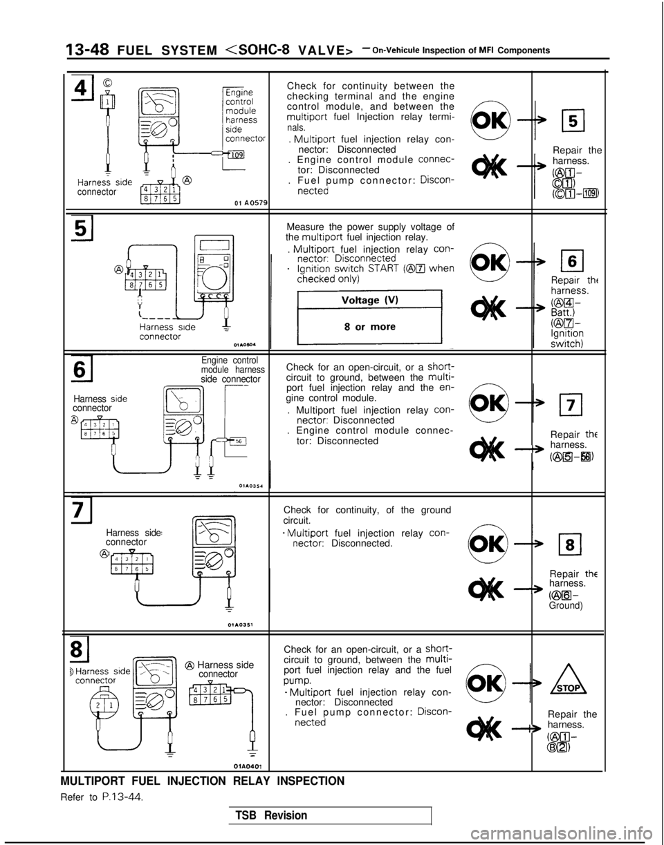 MITSUBISHI GALANT 1989 Service Repair Manual 13-48 FUEL SYSTEM <SOHC-8 VALVE>- On-Vehicule Inspection of MFI Components
Check for continuity between the
checking terminal and the engine
control module, and between the
multiport fuel Injection re MITSUBISHI GALANT 1989 Service Repair Manual 13-48 FUEL SYSTEM <SOHC-8 VALVE>- On-Vehicule Inspection of MFI Components
Check for continuity between the
checking terminal and the engine
control module, and between the
multiport fuel Injection re