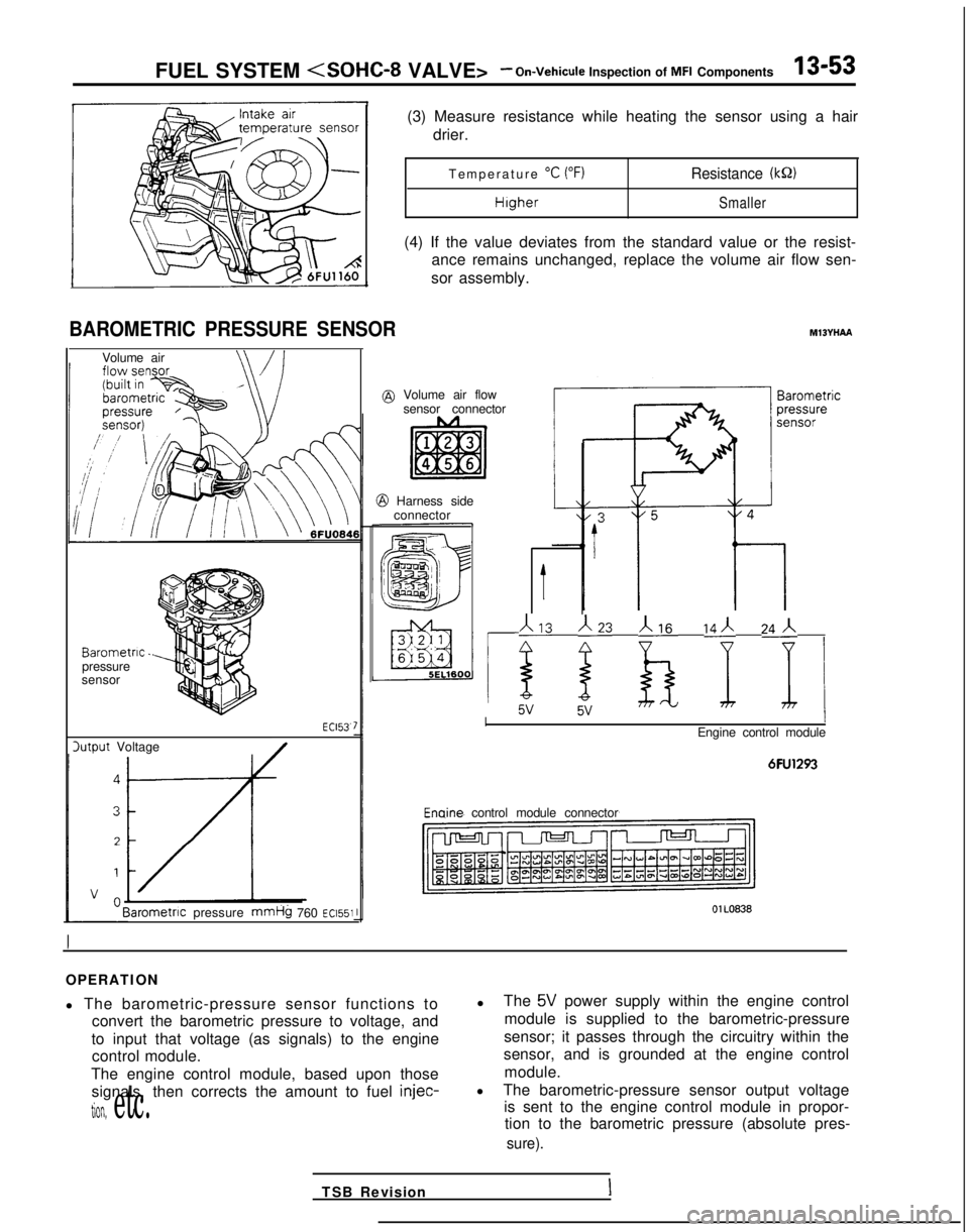 MITSUBISHI GALANT 1989 Service Repair Manual FUEL SYSTEM <SOHC-8
VALVE>- On-Vehicule Inspection of MFI Components13-53
BAROMETRIC PRESSURE SENSOR
Volume air
Barometric.pressure
sensor
lutput Voltage ECl53.
Barometnc
pressure
mmHg 760 ~~1551
(3 MITSUBISHI GALANT 1989 Service Repair Manual FUEL SYSTEM <SOHC-8
VALVE>- On-Vehicule Inspection of MFI Components13-53
BAROMETRIC PRESSURE SENSOR
Volume air
Barometric.pressure
sensor
lutput Voltage ECl53.
Barometnc
pressure
mmHg 760 ~~1551
(3