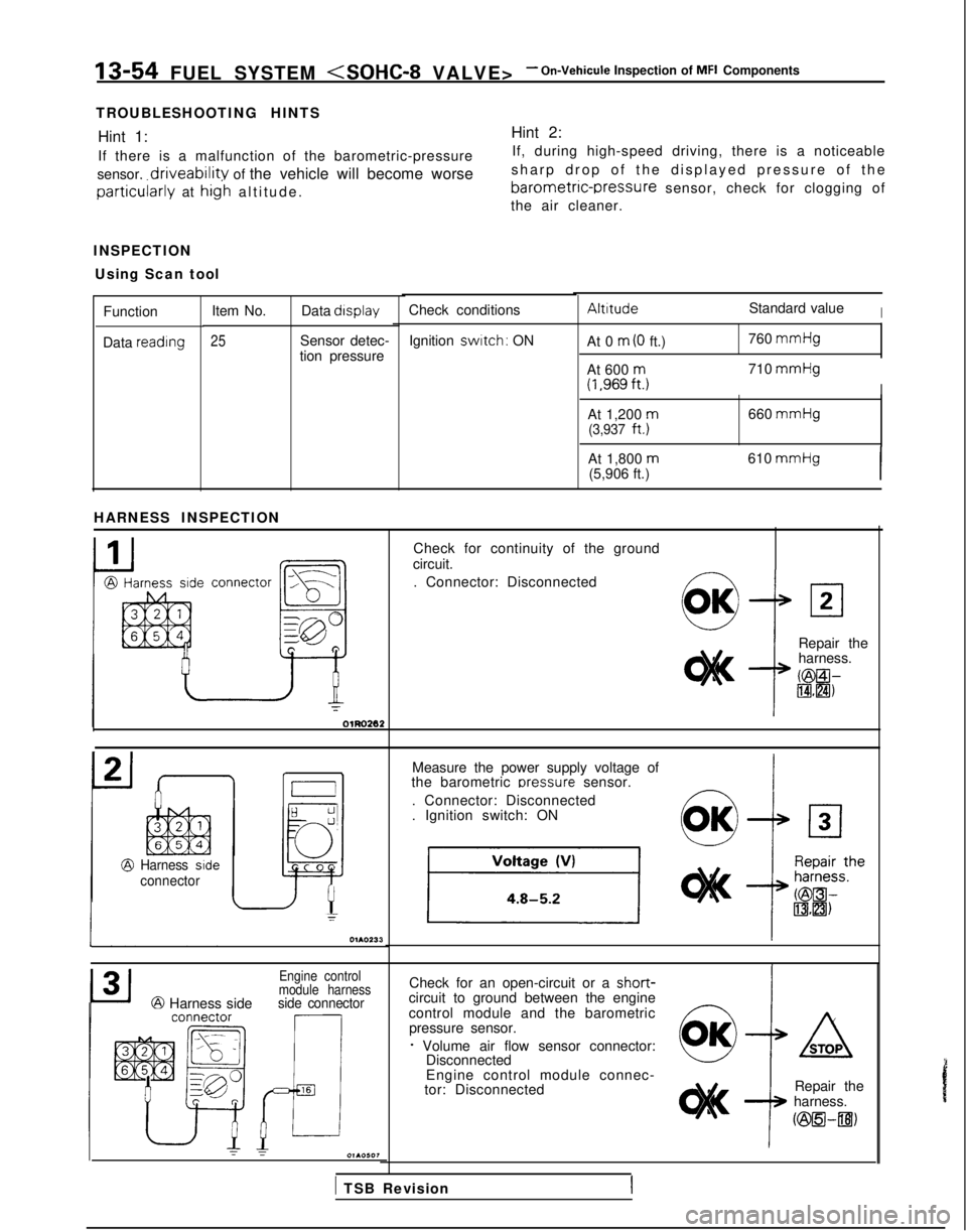 MITSUBISHI GALANT 1989 Service Repair Manual 13-54 FUEL SYSTEM <SOHC-8 VALVE>- On-Vehicule Inspection of MFI Components
TROUBLESHOOTING HINTS Hint 1: Hint 2:
If there is a malfunction of the barometric-pressure If, during high-speed driving, the MITSUBISHI GALANT 1989 Service Repair Manual 13-54 FUEL SYSTEM <SOHC-8 VALVE>- On-Vehicule Inspection of MFI Components
TROUBLESHOOTING HINTS Hint 1: Hint 2:
If there is a malfunction of the barometric-pressure If, during high-speed driving, the