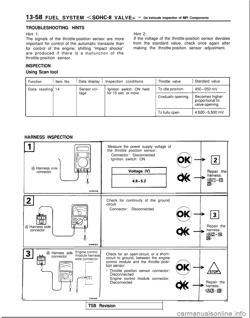 MITSUBISHI GALANT 1989 Service Repair Manual 13-58 FUEL SYSTEM <SOHC-8 VALVE> -On-Vehicule Inspection of MFI Components
TROUBLESHOOTING HINTS
Hint 1:Hint 2:
The signals of the throttle-position sensor are more If the voltage of the throttle-posi MITSUBISHI GALANT 1989 Service Repair Manual 13-58 FUEL SYSTEM <SOHC-8 VALVE> -On-Vehicule Inspection of MFI Components
TROUBLESHOOTING HINTS
Hint 1:Hint 2:
The signals of the throttle-position sensor are more If the voltage of the throttle-posi