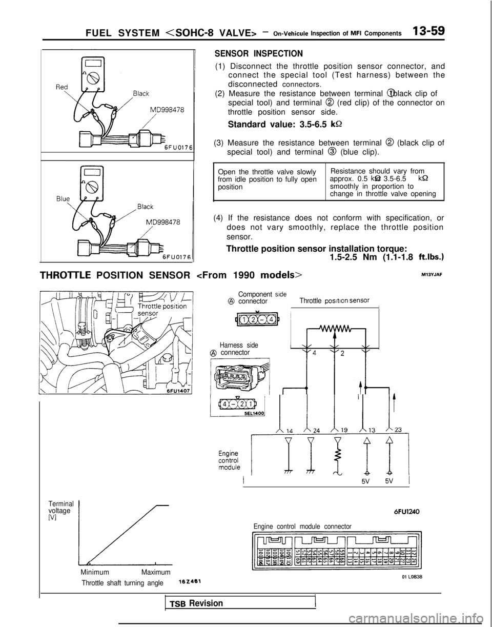 MITSUBISHI GALANT 1989 Service Repair Manual FUEL SYSTEM <SOHC-8 VALVE> -On-Vehicule Inspection of MFI Components13-59
Re
Blu
THROlTLE POSITION SENSOR
SENSOR INSPECTION
(1) Disconnect the throttle position sensor connector, and
connect the speci MITSUBISHI GALANT 1989 Service Repair Manual FUEL SYSTEM <SOHC-8 VALVE> -On-Vehicule Inspection of MFI Components13-59
Re
Blu
THROlTLE POSITION SENSOR
SENSOR INSPECTION
(1) Disconnect the throttle position sensor connector, and
connect the speci