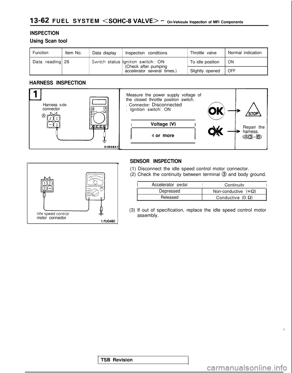 MITSUBISHI GALANT 1989 Service Repair Manual 13-62 FUEL SYSTEM <SOHC-8 VALVE> -On-Vehicule Inspection of MFI Components
INSPECTION
Using Scan tool
FunctionItem No.
Data reading 26 Data display
Inspection conditions Switch
status Ignition
swit MITSUBISHI GALANT 1989 Service Repair Manual 13-62 FUEL SYSTEM <SOHC-8 VALVE> -On-Vehicule Inspection of MFI Components
INSPECTION
Using Scan tool
FunctionItem No.
Data reading 26 Data display
Inspection conditions Switch
status Ignition
swit