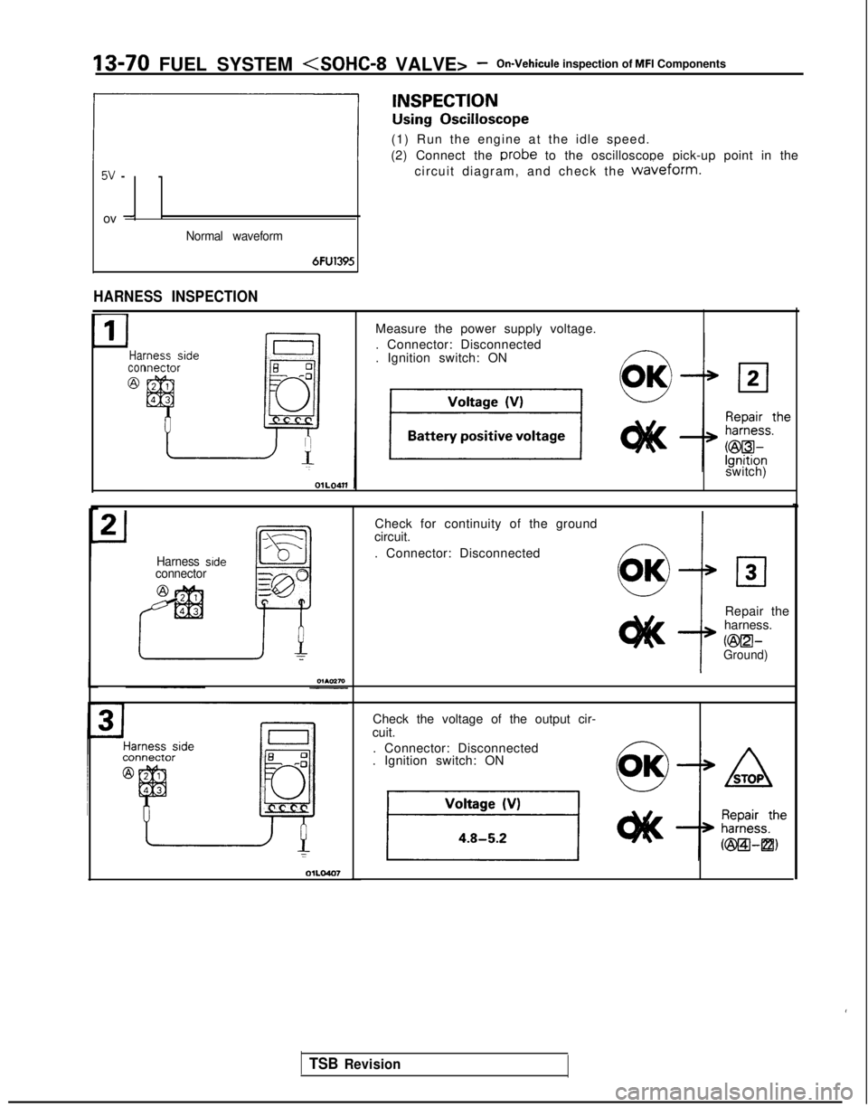 MITSUBISHI GALANT 1989 Service Repair Manual ‘13-70 FUEL SYSTEM <SOHC-8
VALVE> -On-Vehicule inspection of MFI Components
(1) Run the engine at the idle speed.
(2) Connect the
probe to the oscilloscope pick-up point in the 5v
-- circuit diag MITSUBISHI GALANT 1989 Service Repair Manual ‘13-70 FUEL SYSTEM <SOHC-8
VALVE> -On-Vehicule inspection of MFI Components
(1) Run the engine at the idle speed.
(2) Connect the
probe to the oscilloscope pick-up point in the 5v
-- circuit diag