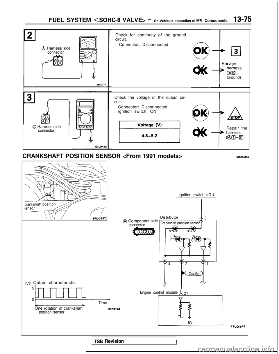MITSUBISHI GALANT 1989 Service Repair Manual FUEL SYSTEM <SOHC-8
VALVE> -On-Vehicule lnsoection of MFI Comoonents13975
@ Harness srdeconnector
@ Harness sideconnector
Check for continuity of the ground
circuit.
. Connector: Disconnected
1 Reo MITSUBISHI GALANT 1989 Service Repair Manual FUEL SYSTEM <SOHC-8
VALVE> -On-Vehicule lnsoection of MFI Comoonents13975
@ Harness srdeconnector
@ Harness sideconnector
Check for continuity of the ground
circuit.
. Connector: Disconnected
1 Reo