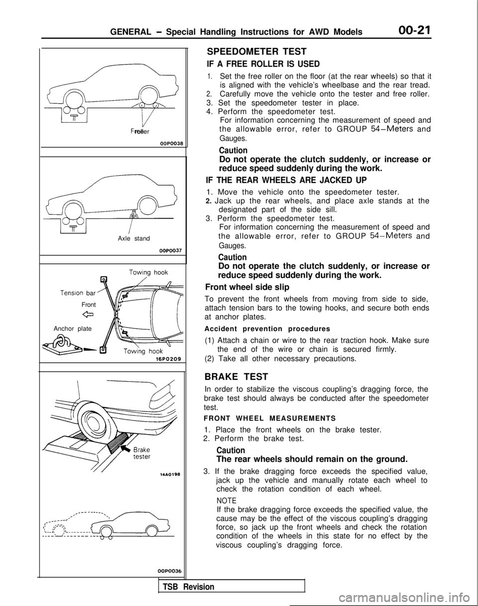 MITSUBISHI GALANT 1989  Service Owners Manual GENERAL - Special Handling Instructions for AWD Models00-21
Free roller
OOPO038
Axle stand
OOPOO37
Towino hook
Tenslon
 bar
Front
eJ
Anchor plate
&-16PO209 14AO198
OOP003E
SPEEDOMETER TEST
IF A FREE R