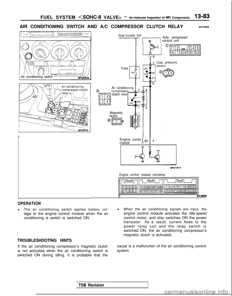 MITSUBISHI GALANT 1989 Service Repair Manual FUEL SYSTEM <SOHC-8 VALVE> -On-Vehicule
inspection of MFI Components13-83
AIR CONDITIONING SWITCH AND A/C COMPRESSOR CLUTCH RELAYM13YRAE
Air conditioning switch
Sub fl
FUSC?
Air conditic@compresscclu MITSUBISHI GALANT 1989 Service Repair Manual FUEL SYSTEM <SOHC-8 VALVE> -On-Vehicule
inspection of MFI Components13-83
AIR CONDITIONING SWITCH AND A/C COMPRESSOR CLUTCH RELAYM13YRAE
Air conditioning switch
Sub fl
FUSC?
Air conditic@compresscclu