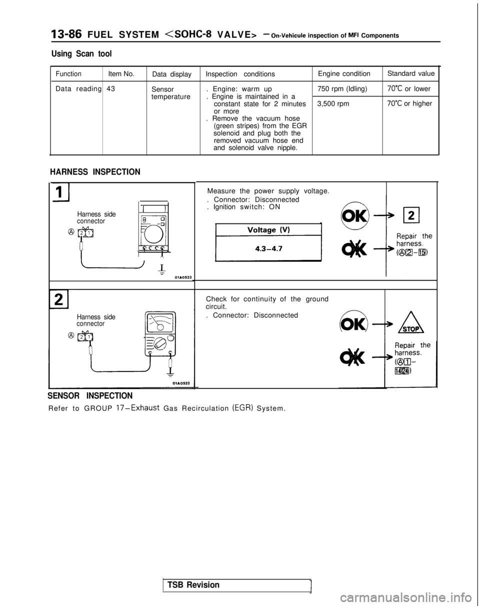 MITSUBISHI GALANT 1989 Service Repair Manual 13-86 FUEL SYSTEM <SOHC-8 VALVE>- On-Vehicule inspection of MFI Components
Using Scan tool
FunctionItem No.Data display Inspection conditions Engine condition
Standard value
Data reading 43 Sensor. En MITSUBISHI GALANT 1989 Service Repair Manual 13-86 FUEL SYSTEM <SOHC-8 VALVE>- On-Vehicule inspection of MFI Components
Using Scan tool
FunctionItem No.Data display Inspection conditions Engine condition
Standard value
Data reading 43 Sensor. En