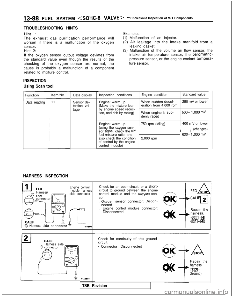 MITSUBISHI GALANT 1989 Service Repair Manual 13-88 FUEL SYSTEM <SOHC-8
VALVE>- On-Vehicule Inspection of MFI Components
TROUBLESHOOTING HINTS
Hint I’
The exhaust gas purification performance will
Examples:
(1) Malfunction of an injector.
wors MITSUBISHI GALANT 1989 Service Repair Manual 13-88 FUEL SYSTEM <SOHC-8
VALVE>- On-Vehicule Inspection of MFI Components
TROUBLESHOOTING HINTS
Hint I’
The exhaust gas purification performance will
Examples:
(1) Malfunction of an injector.
wors