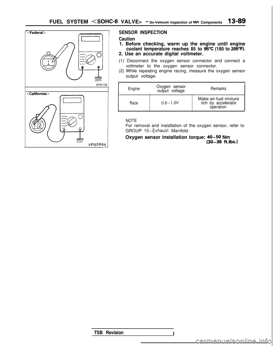 MITSUBISHI GALANT 1989 Service Repair Manual FUEL SYSTEM <SOHC-8 VALVE>- On-Vehicule inspection of MFI Components13-89
:Federab
:California>
Ea
SENSOR INSPECTION
Caution
1. Before checking, warm up the engine until engine
coolant temperature rea MITSUBISHI GALANT 1989 Service Repair Manual FUEL SYSTEM <SOHC-8 VALVE>- On-Vehicule inspection of MFI Components13-89
:Federab
:California>
Ea
SENSOR INSPECTION
Caution
1. Before checking, warm up the engine until engine
coolant temperature rea