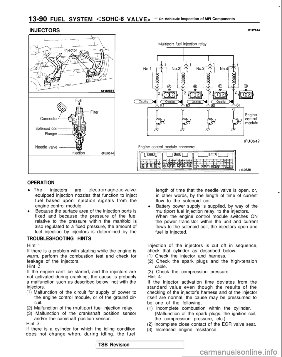 MITSUBISHI GALANT 1989 Service Repair Manual 13-90 FUEL SYSTEM <SOHC-8 VALVE>- On-Vehicule Inspection of MFI Components
INJECTORS
Fuel
Connector
Solenoid coil
Plunger
Needle valve -----I
InjectionFilter6FUO514
M13rrAA
Multiport
fuel injection r MITSUBISHI GALANT 1989 Service Repair Manual 13-90 FUEL SYSTEM <SOHC-8 VALVE>- On-Vehicule Inspection of MFI Components
INJECTORS
Fuel
Connector
Solenoid coil
Plunger
Needle valve -----I
InjectionFilter6FUO514
M13rrAA
Multiport
fuel injection r