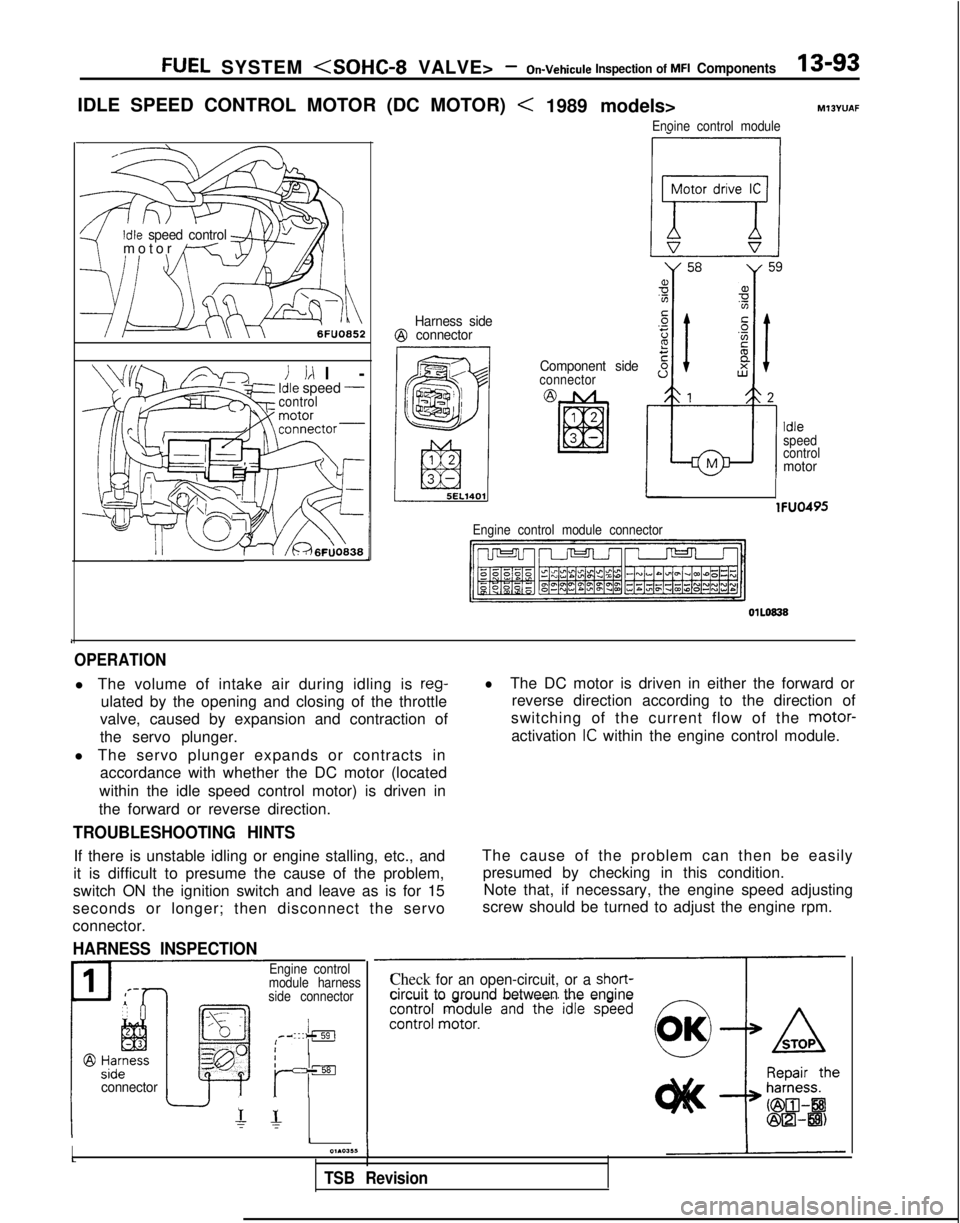 MITSUBISHI GALANT 1989 Service Repair Manual FUEL SYSTEM <SOHC-8 VALVE> -On-Vehicule Inspection of MFI Components13-93
IDLE SPEED CONTROL MOTOR (DC MOTOR)
Idle speed control9-/
motor
/---T-,I \
6FUO852
i id l
-
Idle speed -control
r1 /&46~U083 MITSUBISHI GALANT 1989 Service Repair Manual FUEL SYSTEM <SOHC-8 VALVE> -On-Vehicule Inspection of MFI Components13-93
IDLE SPEED CONTROL MOTOR (DC MOTOR)
Idle speed control9-/
motor
/---T-,I \
6FUO852
i id l
-
Idle speed -control
r1 /&46~U083