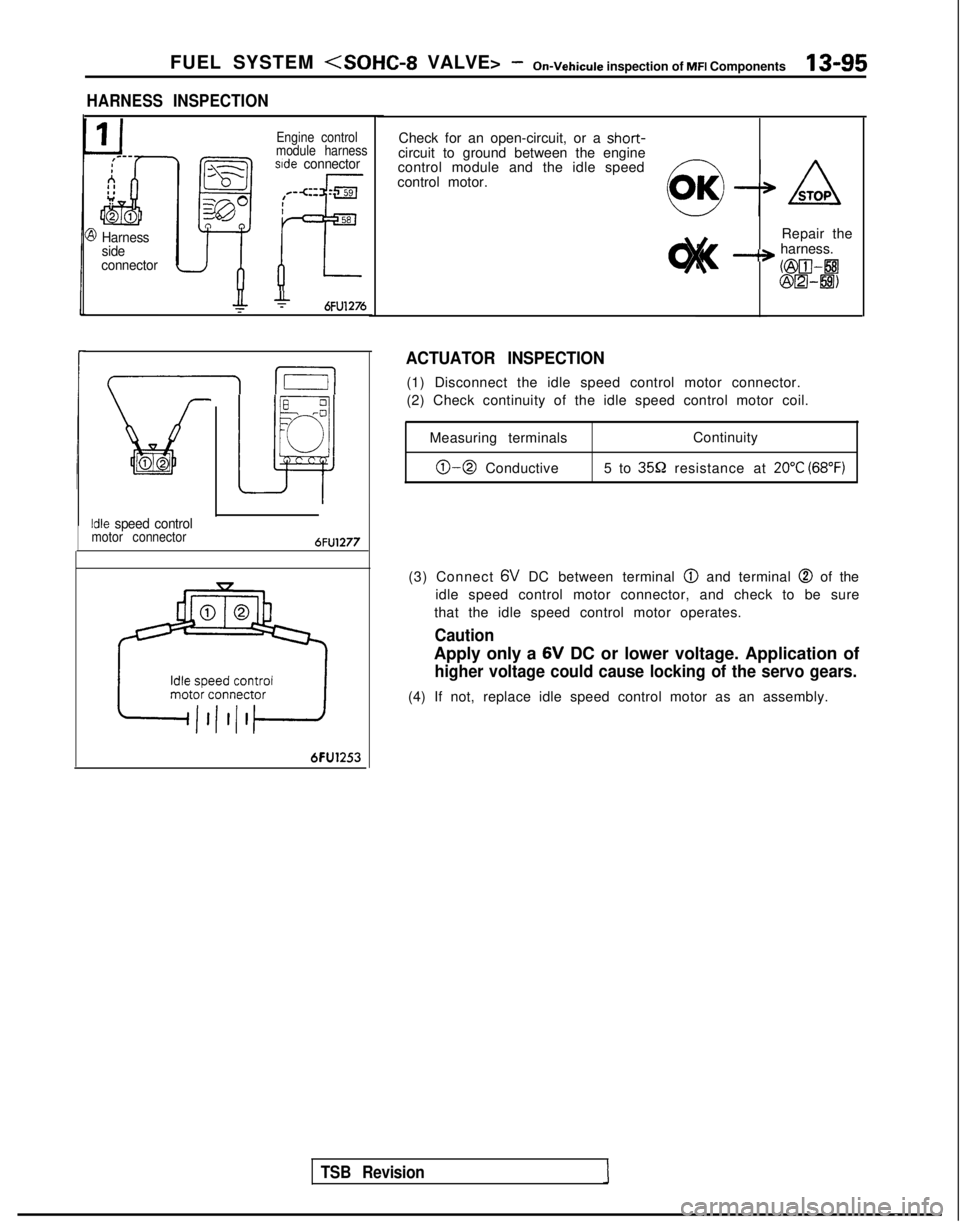 MITSUBISHI GALANT 1989 Service Repair Manual FUEL SYSTEM <SOHC-8 VALVE> -On-Vehicule inspection of MFI Components13-95
HARNESS INSPECTION
3 Harness
side
connector
Engine control
module harness
sde connector
+6FU1276
I I
Lit02
Idle speed control MITSUBISHI GALANT 1989 Service Repair Manual FUEL SYSTEM <SOHC-8 VALVE> -On-Vehicule inspection of MFI Components13-95
HARNESS INSPECTION
3 Harness
side
connector
Engine control
module harness
sde connector
+6FU1276
I I
Lit02
Idle speed control