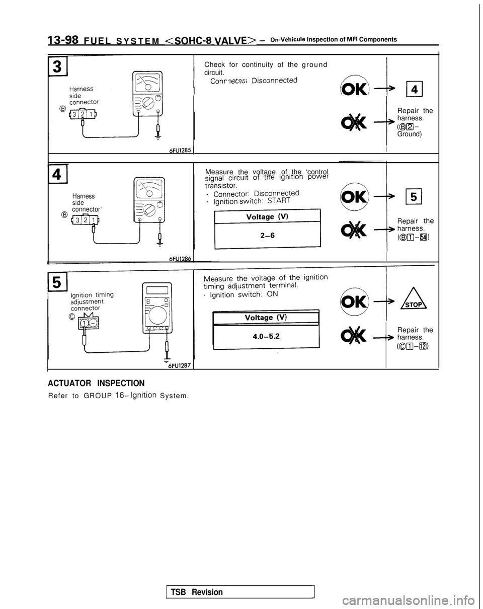 MITSUBISHI GALANT 1989 Service Repair Manual IS-98 FUEL SYSTEM <SOHC-8 VALVE> -On-Vehicule Inspection of MFI Components
Check for continuity of the ground
circuit.
IP--^^^+rrr. n;ronnnnr+prjL”,,, ,wdL”IVlJlr”l I4 IbUI””
I
r-l4
I -@Re MITSUBISHI GALANT 1989 Service Repair Manual IS-98 FUEL SYSTEM <SOHC-8 VALVE> -On-Vehicule Inspection of MFI Components
Check for continuity of the ground
circuit.
IP--^^^+rrr. n;ronnnnr+prjL”,,, ,wdL”IVlJlr”l I4 IbUI””
I
r-l4
I -@Re