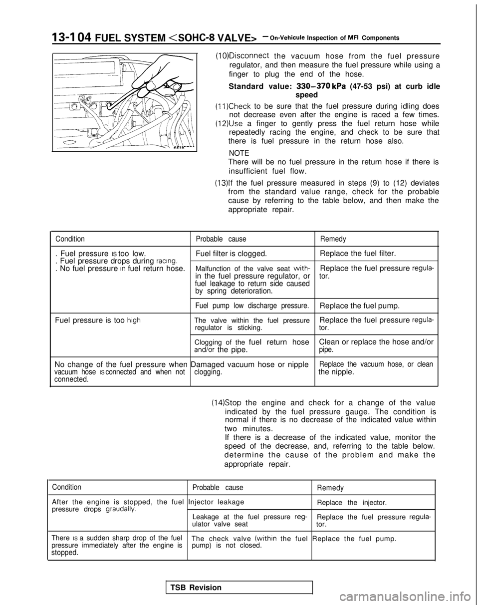 MITSUBISHI GALANT 1989 Service Repair Manual 13-I 04 FUEL SYSTEM <SOHC-8
VALVE>- On-Vehicule Inspection of MFI Components (10)Disconnect
the vacuum hose from the fuel pressure
regulator, and then measure the fuel pressure while using a
finger MITSUBISHI GALANT 1989 Service Repair Manual 13-I 04 FUEL SYSTEM <SOHC-8
VALVE>- On-Vehicule Inspection of MFI Components (10)Disconnect
the vacuum hose from the fuel pressure
regulator, and then measure the fuel pressure while using a
finger