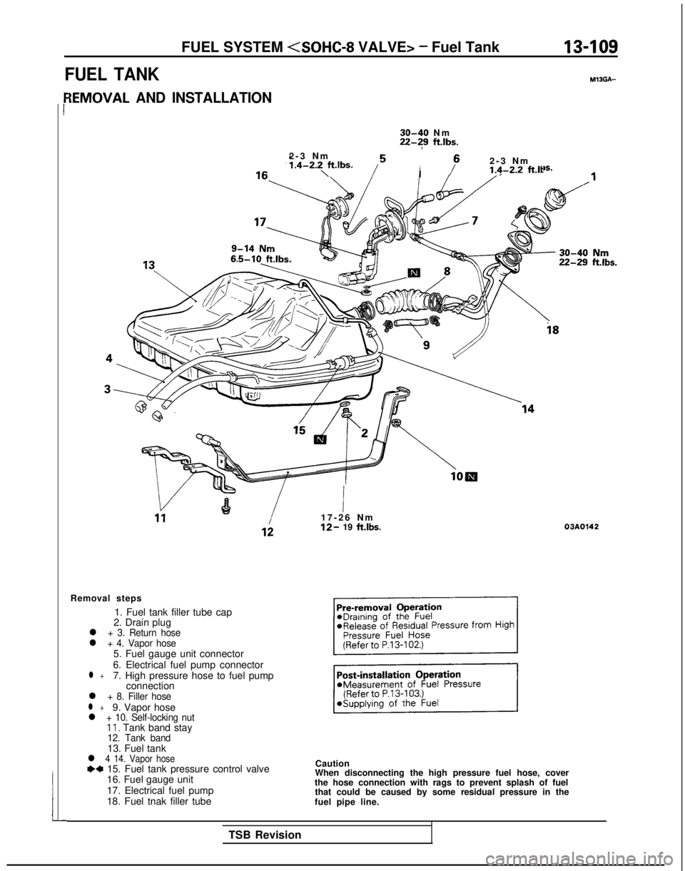 MITSUBISHI GALANT 1989 Service Repair Manual FUEL SYSTEM <SOHC-8 VALVE> - Fuel Tank13-109
FUEL TANK MlSGA-
{EMOVAL AND INSTALLATION
r
30-40 N
m
22-?9
ft.lbs.
2-3 Nm
1.4-2.2,ft.lbs.IP
2-3 N
m
1.4-2.2 f-Lit
6.5-10
ft.lbs.
!I17-26 N
m
12- 19
MITSUBISHI GALANT 1989 Service Repair Manual FUEL SYSTEM <SOHC-8 VALVE> - Fuel Tank13-109
FUEL TANK MlSGA-
{EMOVAL AND INSTALLATION
r
30-40 N
m
22-?9
ft.lbs.
2-3 Nm
1.4-2.2,ft.lbs.IP
2-3 N
m
1.4-2.2 f-Lit
6.5-10
ft.lbs.
!I17-26 N
m
12- 19