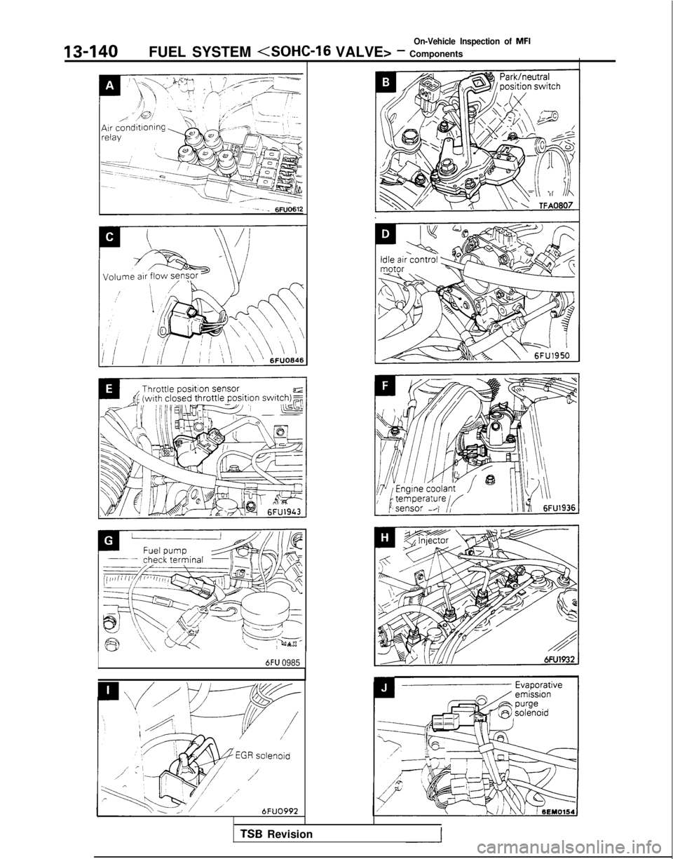 MITSUBISHI GALANT 1989  Service Repair Manual 13-140
On-Vehicle Inspection of MFI
FUEL SYSTEM <SOHC-16
 VALVE> - Components
6FU 0985
6FUO99-J
TSB Revision 
