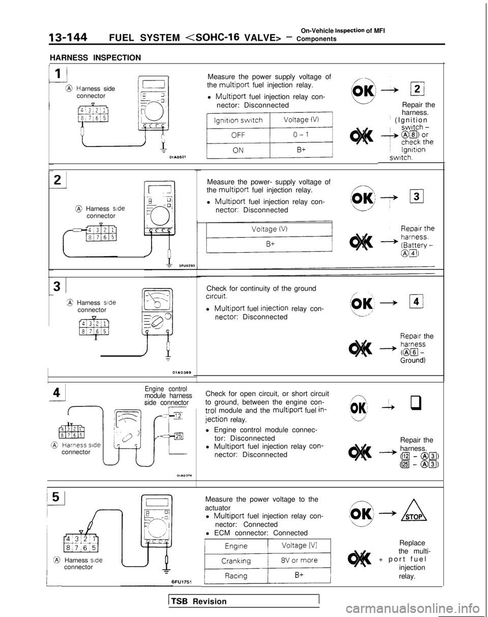 MITSUBISHI GALANT 1989 Service Repair Manual On-Vehicle Inspection of MFI
13-144FUEL SYSTEM <SOHC-16 VALVE> - Components
HARNESS INSPECTION
1
1 IMeasure the power supply voltage of
the
multiport fuel injection relay.
l
Multiport fuel injection MITSUBISHI GALANT 1989 Service Repair Manual On-Vehicle Inspection of MFI
13-144FUEL SYSTEM <SOHC-16 VALVE> - Components
HARNESS INSPECTION
1
1 IMeasure the power supply voltage of
the
multiport fuel injection relay.
l
Multiport fuel injection