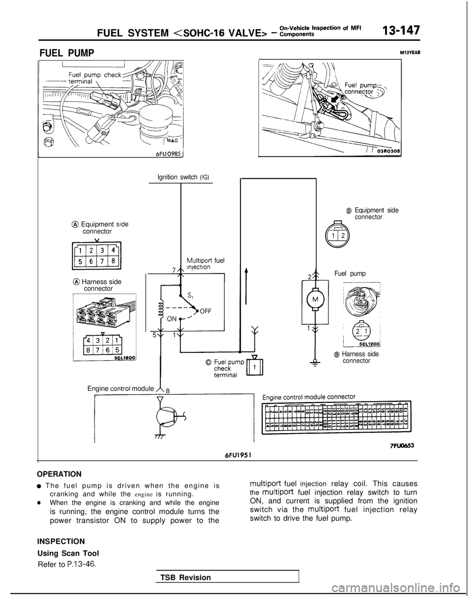 MITSUBISHI GALANT 1989  Service Repair Manual FUEL SYSTEM (SOHC-16 VALVE> - :::;::tt?ction Of MF’13-147
FUEL PUMPM13YEAB
6FUO985-
@ Equipment srdeconnector
@ Harness sideconnectorI
Ignition switch (IG)
Multiport
 fuel
@I Equipment sideconnector