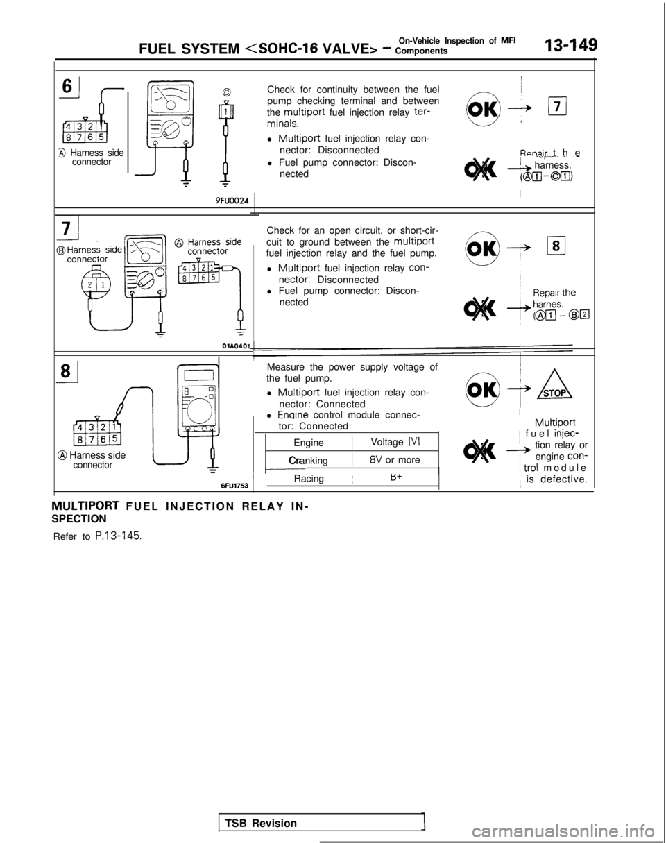 MITSUBISHI GALANT 1989 Service Repair Manual On-Vehicle Inspection of MFIFUEL SYSTEM <SOHC-16
VALVE> - Components13-149
a Harness side
connector
--------
m
J-----k
N
qp
CI
F
Check for continuity between the fuel
pump checking terminal and betwe MITSUBISHI GALANT 1989 Service Repair Manual On-Vehicle Inspection of MFIFUEL SYSTEM <SOHC-16
VALVE> - Components13-149
a Harness side
connector
--------
m
J-----k
N
qp
CI
F
Check for continuity between the fuel
pump checking terminal and betwe
